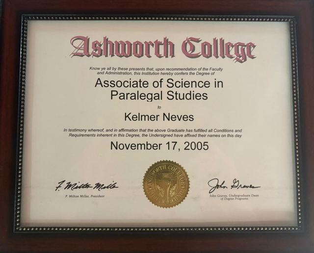 Associate of Science in Paralegal Studies, Ashworth College (November 17, 2005)