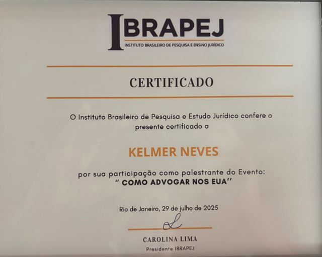 Certificate, Instituto Brasileiro de Pesquisa e Estudo Jurídico (IBRAPEJ), speaker at "Como advogar nos EUA" (July 29, 2025)