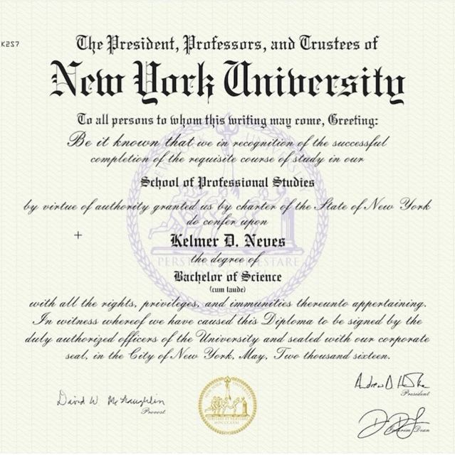 Bachelor of Science diploma, New York University, School of Professional Studies (2016)