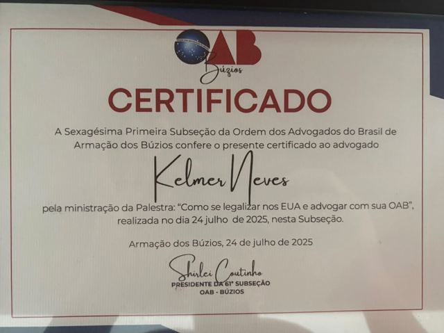 Certificate, OAB, 61st Subsection (Armação dos Búzios), talk "Como se legalizar nos EUA e advogar com sua OAB" (July 24, 2025)