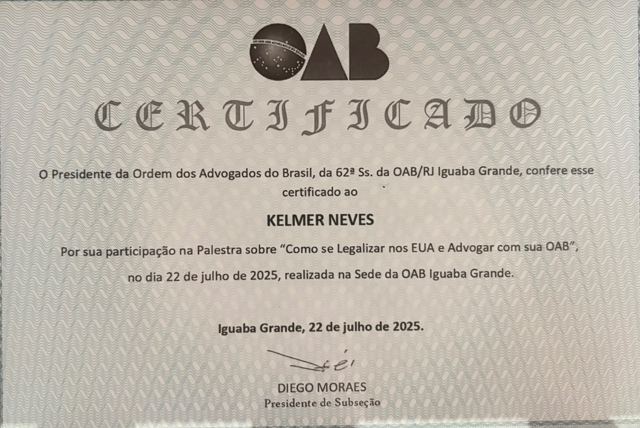 Certificate, OAB/RJ, 62nd Subsection (Iguaba Grande), talk "Como se Legalizar nos EUA e Advogar com sua OAB" (July 22, 2025)
