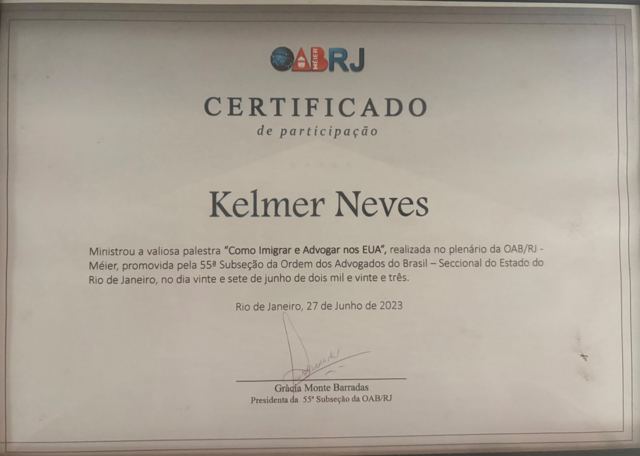 Certificate of participation, OAB/RJ, 55th Subsection (Méier), talk "Como Imigrar e Advogar nos EUA" (June 27, 2023)