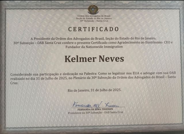 Certificate of thanks, OAB/RJ, 30th Subsection (Santa Cruz), talk "Como se legalizar nos EUA e advogar com sua OAB" (July 31, 2025)